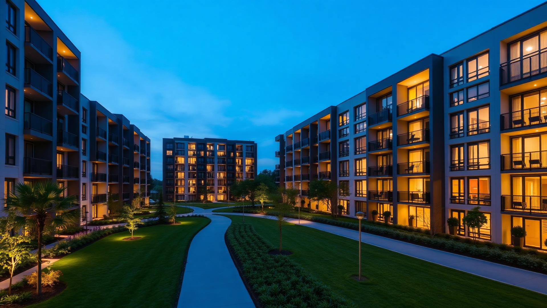 Modern apartment courtyard at twilight